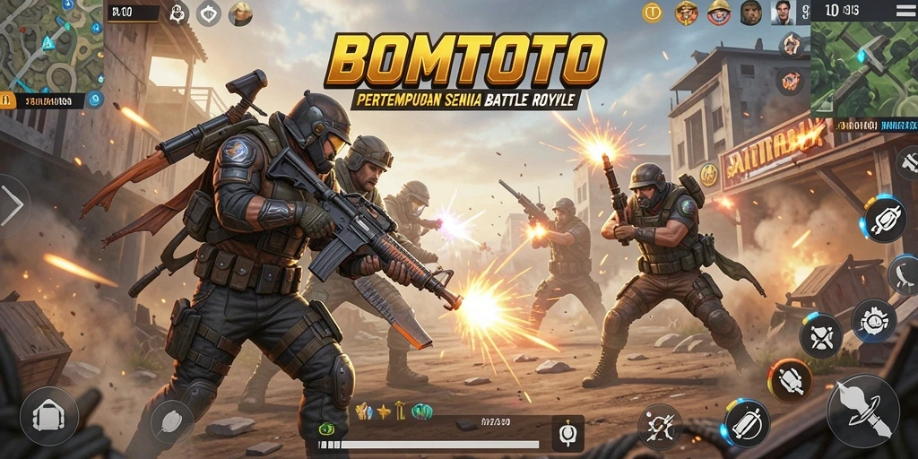 Screenshot utama BOMTOTO menampilkan aksi Battle Royale yang mendebarkan.