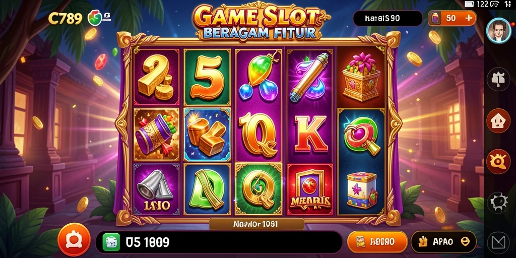 Tampilan gameplay C789 yang memukau dengan simbol slot berwarna-warni.