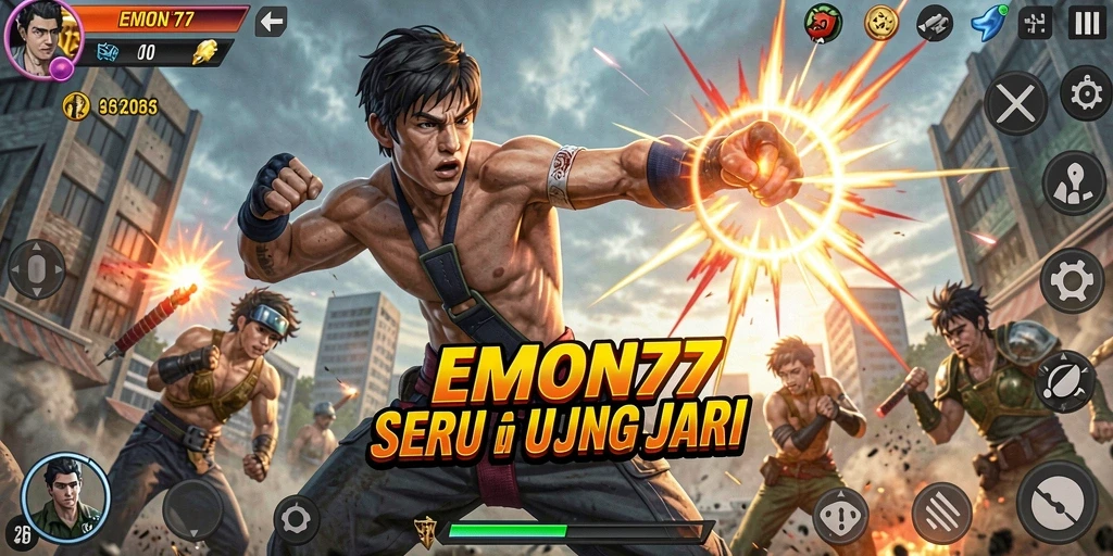 Gameplay EMON77 yang penuh aksi dan pertarungan seru.
