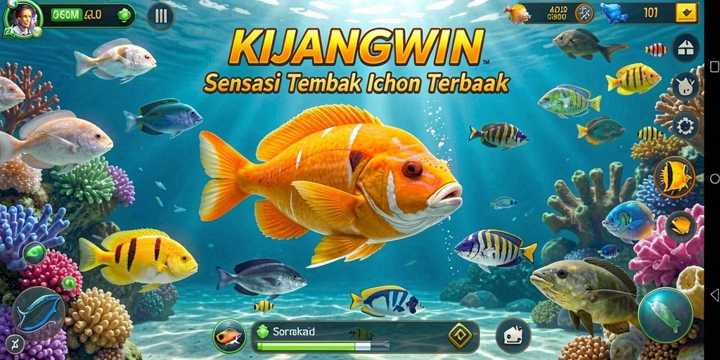 Tampilan screenshot gameplay KIJANGWIN dengan aksi menembak ikan yang seru.
